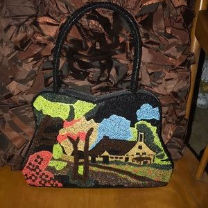 J & X NY Heavily Beaded Scenic Bag EUC